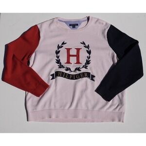 Tommy Hilfiger Sweater XL Colorblock Crest Logo Pink Red Navy Crewneck Pullover
